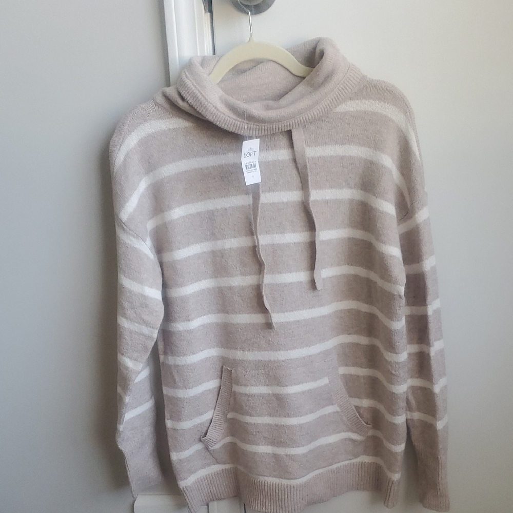 LOFT Beige and White Striped Cowl Neck Sweater